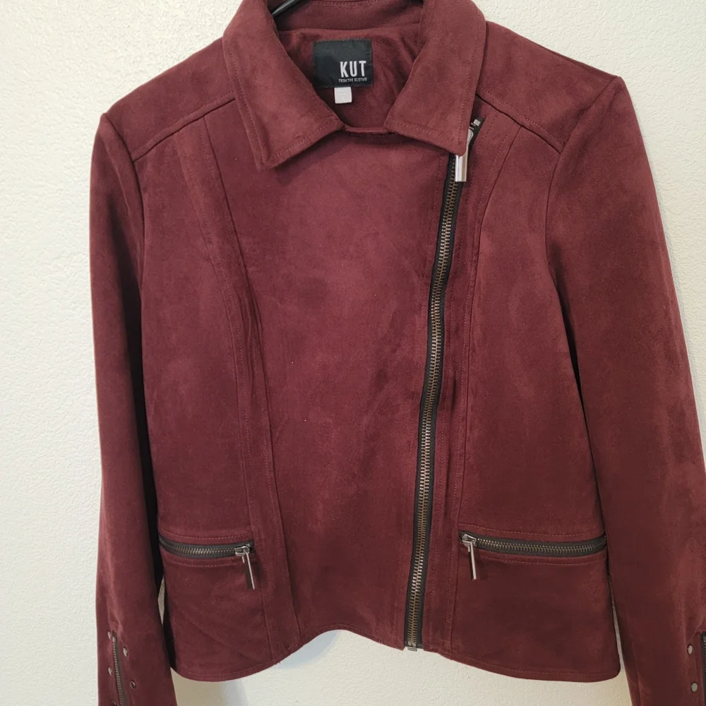 Kut From The Kloth Burgandy Faux Suede Full Zip Crop Jacket SZ S